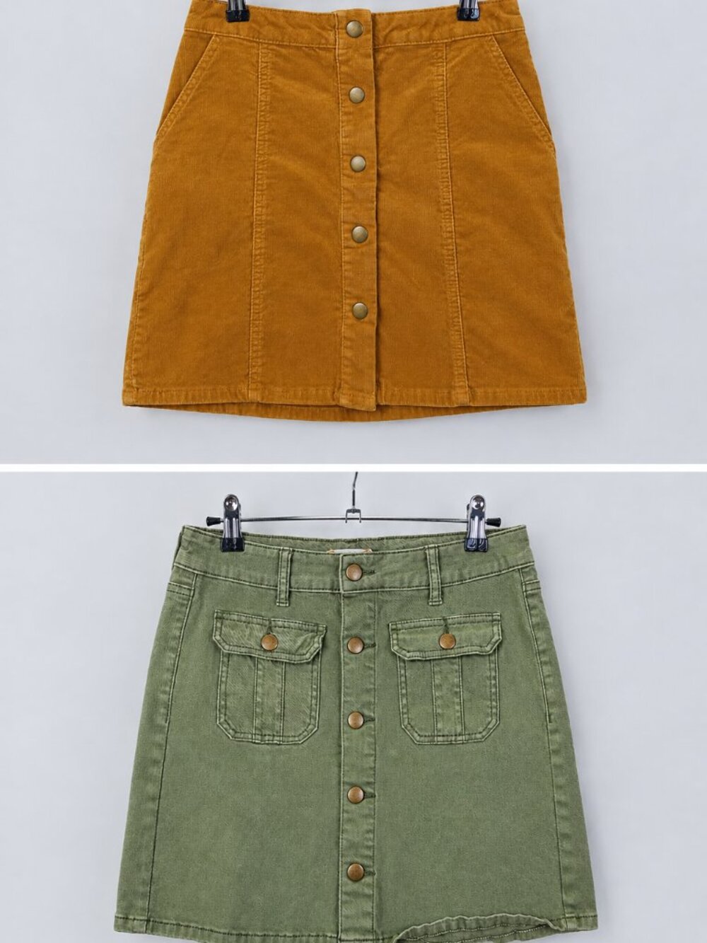 2 Altar'd State Mini Skirts Small Corduroy Snap & Green Denim Button Up Rodeo